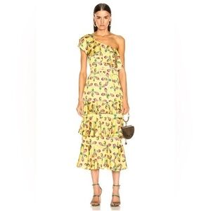 RARE PatBO One Shoulder Tiered Ruffle Midi Dress Bright Yellow Revolve 0 NWT